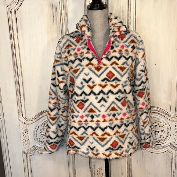 Eddie Bauer Tops - Eddie Bauer Multi Color Geometric Graphic Henley Zip Fluffy Sweat Shirt Size Med
